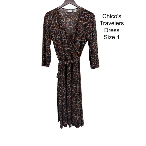 Chico's Dresses & Skirts - Chicos Travelers Dress Womens Size 1 Brown Black Abstract Circle Wrap Midi
